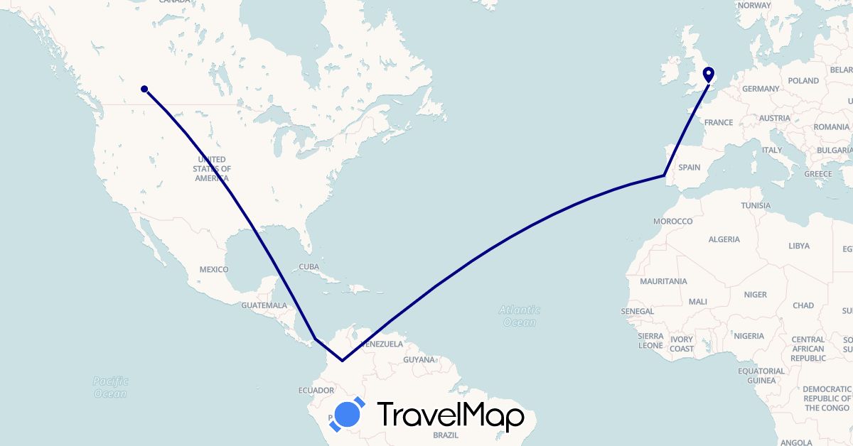 TravelMap itinerary: driving in Canada, Colombia, United Kingdom, Panama, Portugal (Europe, North America, South America)